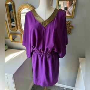 Nicole Miller Artelier Cold Shoulder Beaded V-Neck purple Silk dress